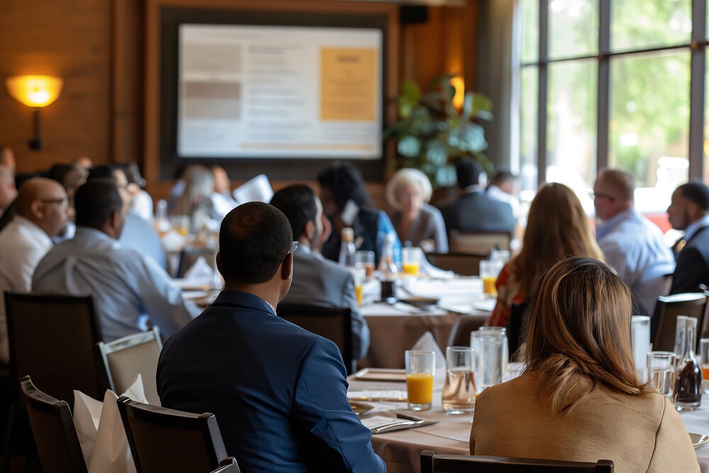 Business conference attendees seated at round tables watching a presentation screen in a wood-paneled room