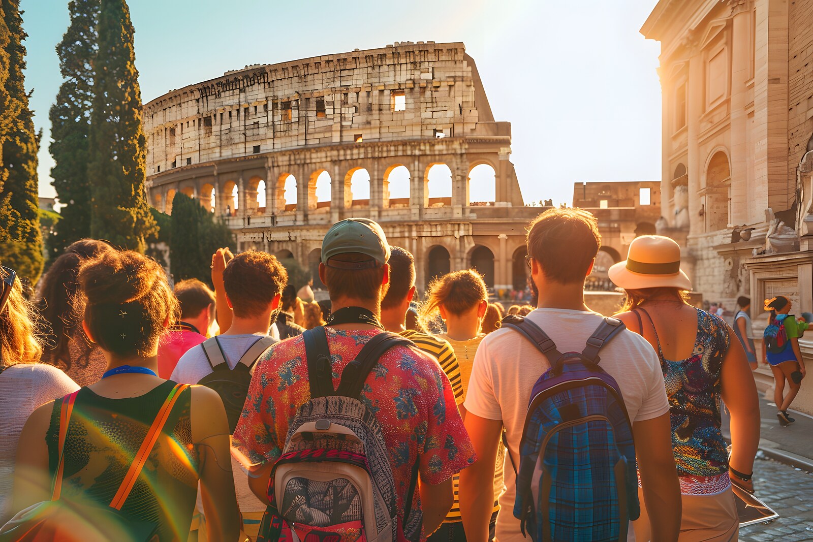 Group of tourists with backpacks walking toward the Colosseum in Rome at golden sunset