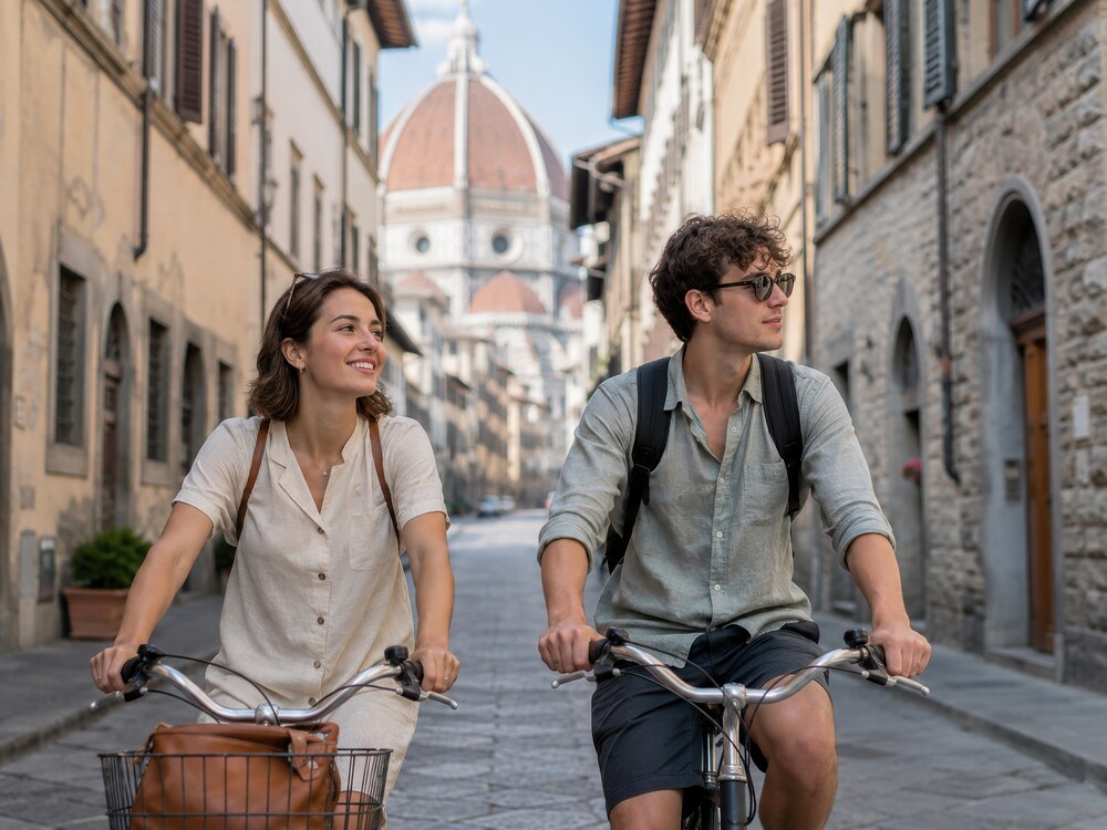 Young couple cycling along a stone street in Florence with the Duomo dome in the background
