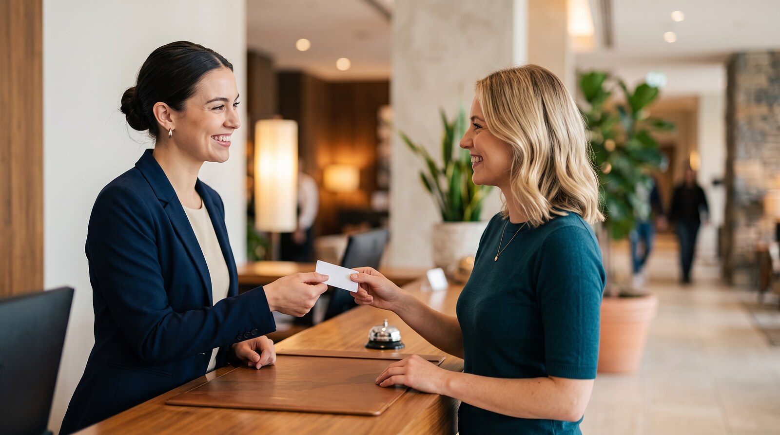 Smiling hotel receptionist hands a key card to a guest at the front desk in a bright lobby
