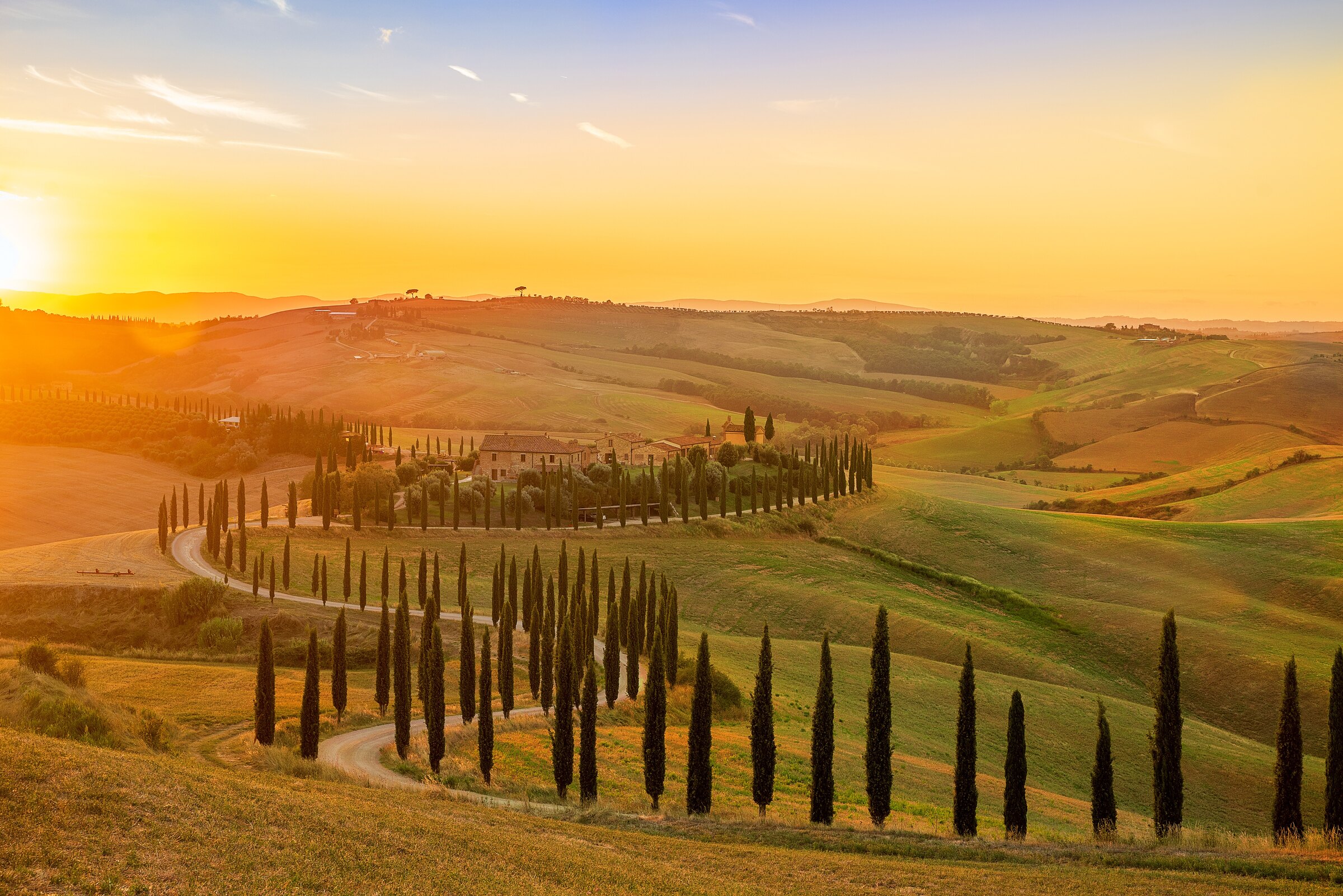 Winding road lined with cypress trees through rolling Tuscan hills at sunset, with a farmhouse
